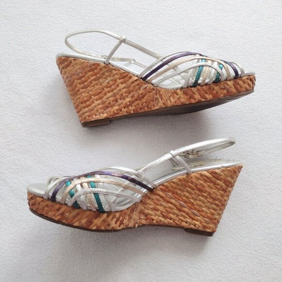 Connie Shoes - Connie Metallic Strappy Slingback Wedge 8.5 M Silver Straw Sandals